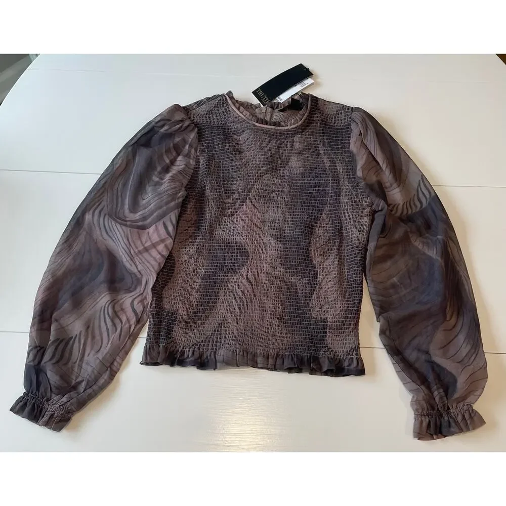 Truth By Republic NWT *FLAW* Smocked Blouse Top Sz M Sheer Long Sleeves Brown - Picture 7 of 14